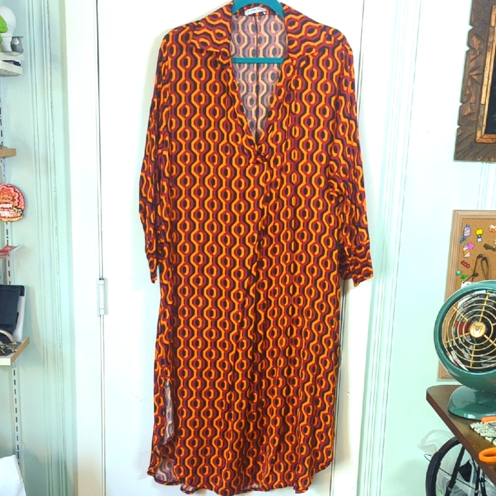 OSFA NWOT Florencia Italian Fashion Orange and Red Patterned Dress XS-XL
